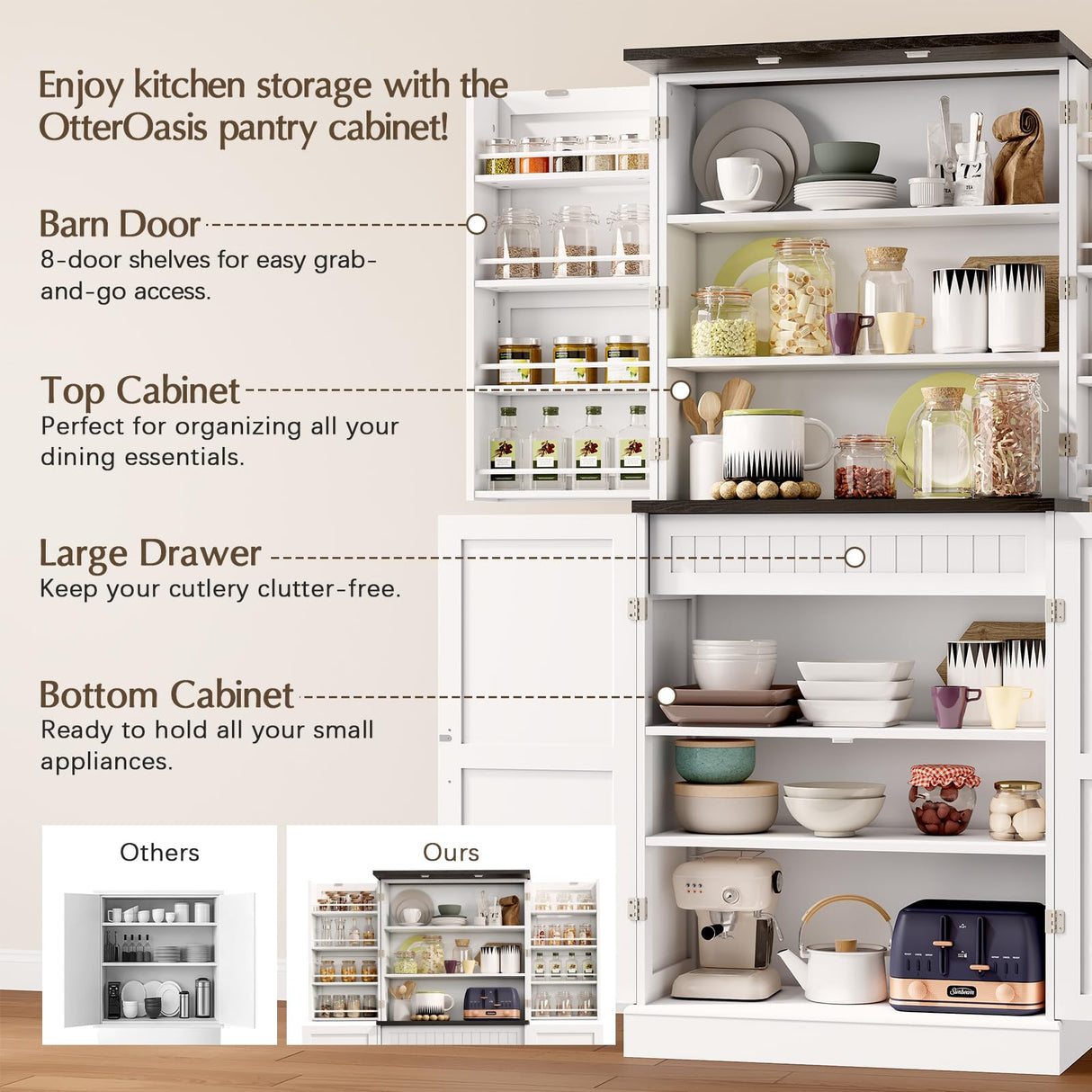 OtterOasis 72" Tall Pantry Cabinet, 31.5" W Larger Farmhouse Kitchen Pantry Cabinet with Barn Doors, Hidden Drawer and 4 Shelves, Wood Versatile Storage Cabinet for Kitchen, Dining Room, Living Room OtterOasis