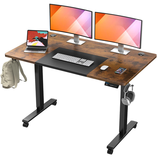 MOUNTUP 55x28 Inches Electric Height Adjustable Standing Desk, Sit Stand Desk with Memory Controller, Ergonomic Stand Up Desk for Home Office with Splice Board, Rustic Brown+Black - WoodArtSupply