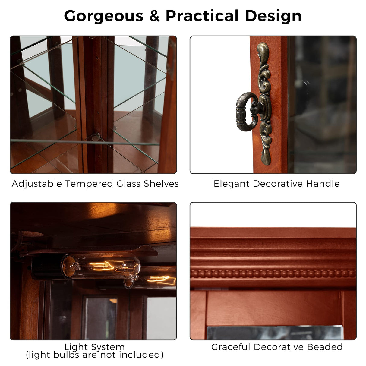 Rpuzonier Lighted Wooden Corner Display Curio Cabinet, Curved Shelving Unit with Adjustable Shelves and Mirrored Back Panel, Tempered Glass Doors for Bedroom, Living Room (Walnut, Corner Shape) Rpuzonier