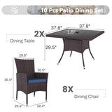 Trumbeak 10 Piece Outdoor Dining Set,Rattan Patio Conversation Set of 8 Chairs,Patio Dining Table and Chairs w/Cushions,Square Glass Tabletop,Umbrella Cutout for Patio,NavyBlue Trumbeak