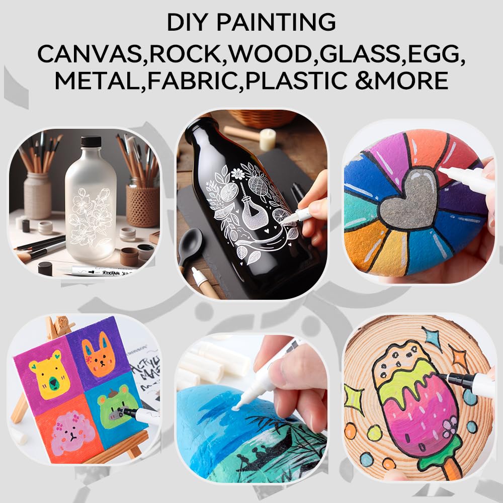 TRANSON 4 Black and 4 White Paint Pens Brush and Fine Dual-tip Acrylic Paint Marker Set for Rock Painting Glass Canvas Wood Leather Ceramic Painting TRANSON