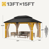 DWVO 13X15FT Gazebo Wood Outdoor Wooden Frame Double Roof Hardtop Galvanized Steel Top Canopy w/Curtain and Netting, Patio Heavy Duty for Deck, Backyard, Beige Yellow DWVO