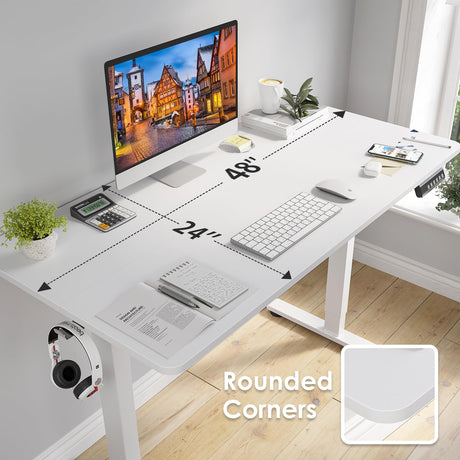 STARY Electric Adjustable Height Sit Stand Home Office Desk with Splice Board, 48x24, White Desktop/White Frame STARY