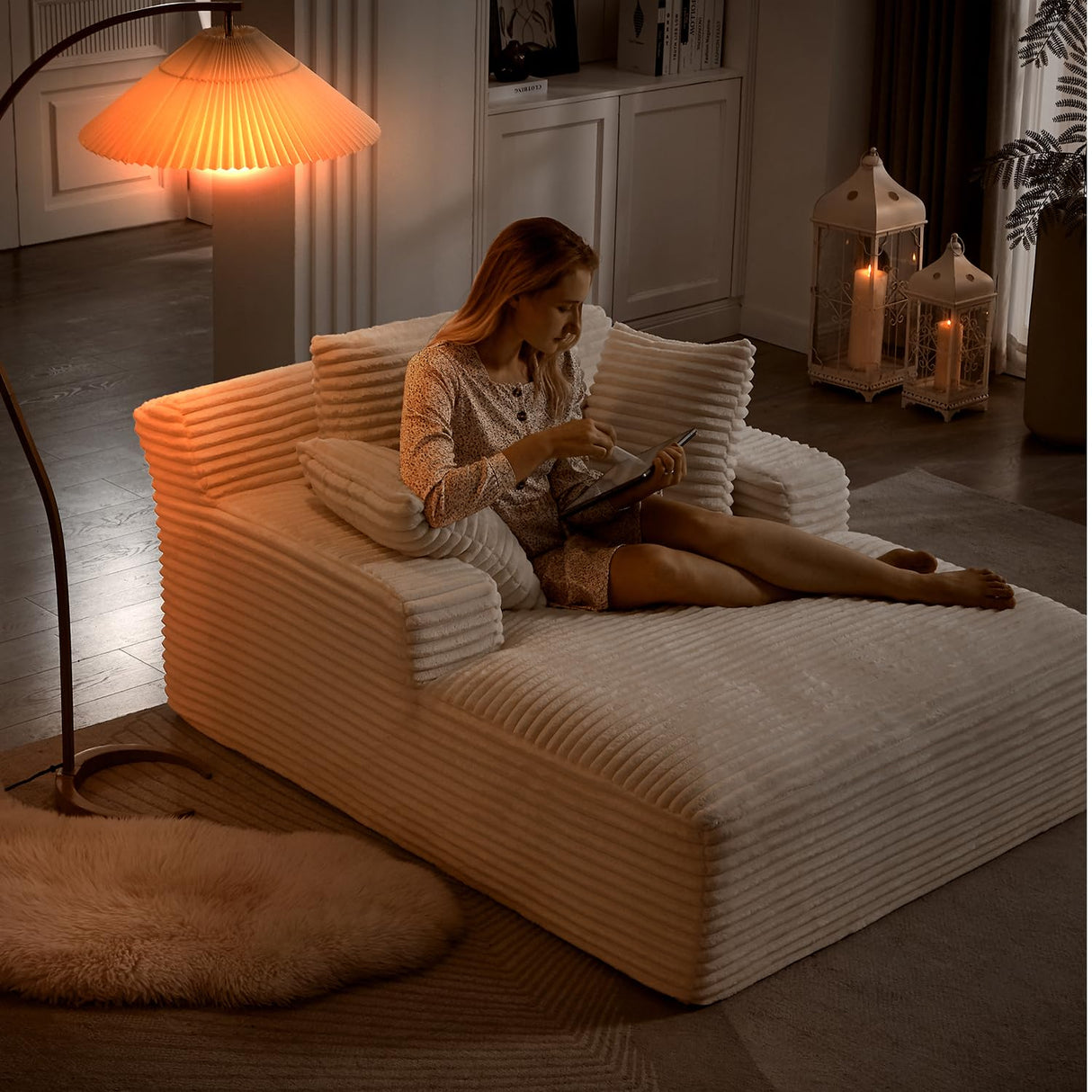 GUANGHONG 50" W Chaise Lounge Chair Indoor, Oversized Upholstered Corduroy Boneless Sofa Bed with 3 Pillows, Deep Seat Sleeper Reading Chair Cloud Couch for Living Room, No Assembly Required GUANGHONG