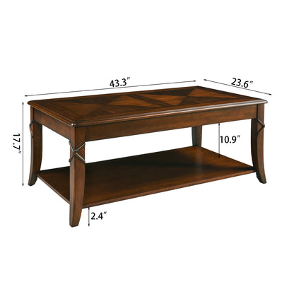 VERDANTREE Solid Wood Coffee Table with Storage Shelf, Mid-Century Living Room Tables with Carved Tabletop and Leg, 43.3” Splicing Cocktail Center Sofa Table, Cherry Brown KFZ-DR200 - WoodArtSupply