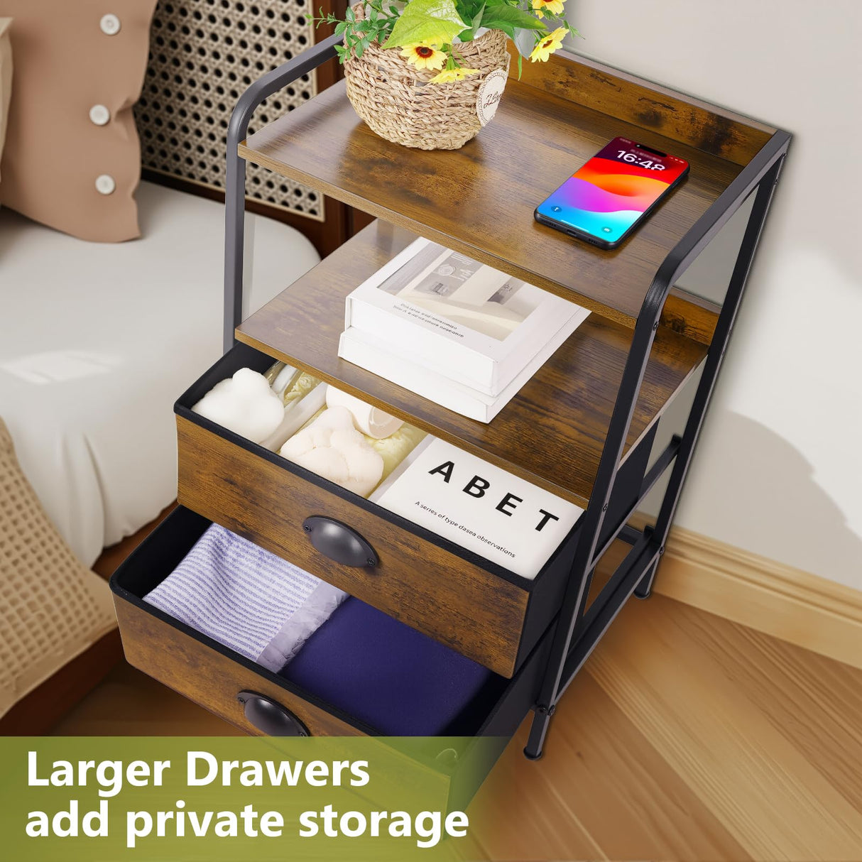 Jixlantuc Night Stand Bedside Table Bedroom Nightstand with Open Shelf Bed Side Table with Fabric Drawers End Table with 2 Drawer Storage Night Stands for Living Room Rustic Brown Black Jixlantuc