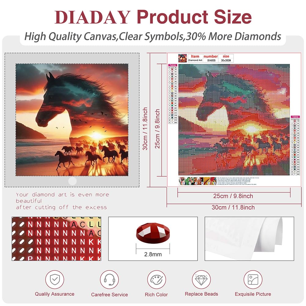DIADAY Horse Diamond Art Kits for Adults 5D Full Drill Round Gem, Diamond Painting Kits for Beginners, DIY Dots Home Wall Decor Gift 12 x 12 Inches DIADAY