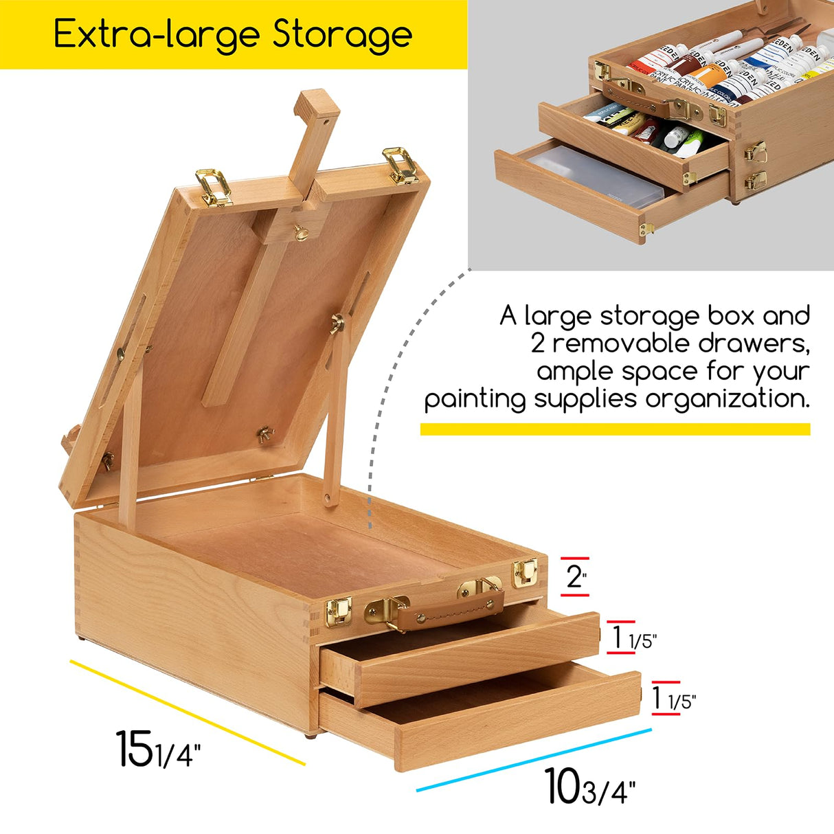 MEEDEN Large Tabletop Easel Sketchbox, Adjustable Solid Beech Wood Desktop Easel Box, Travel Easel for Artists, Table Top easels for Painting, Wooden Art Storage Box for Artist, Adults & Beginners MEEDEN
