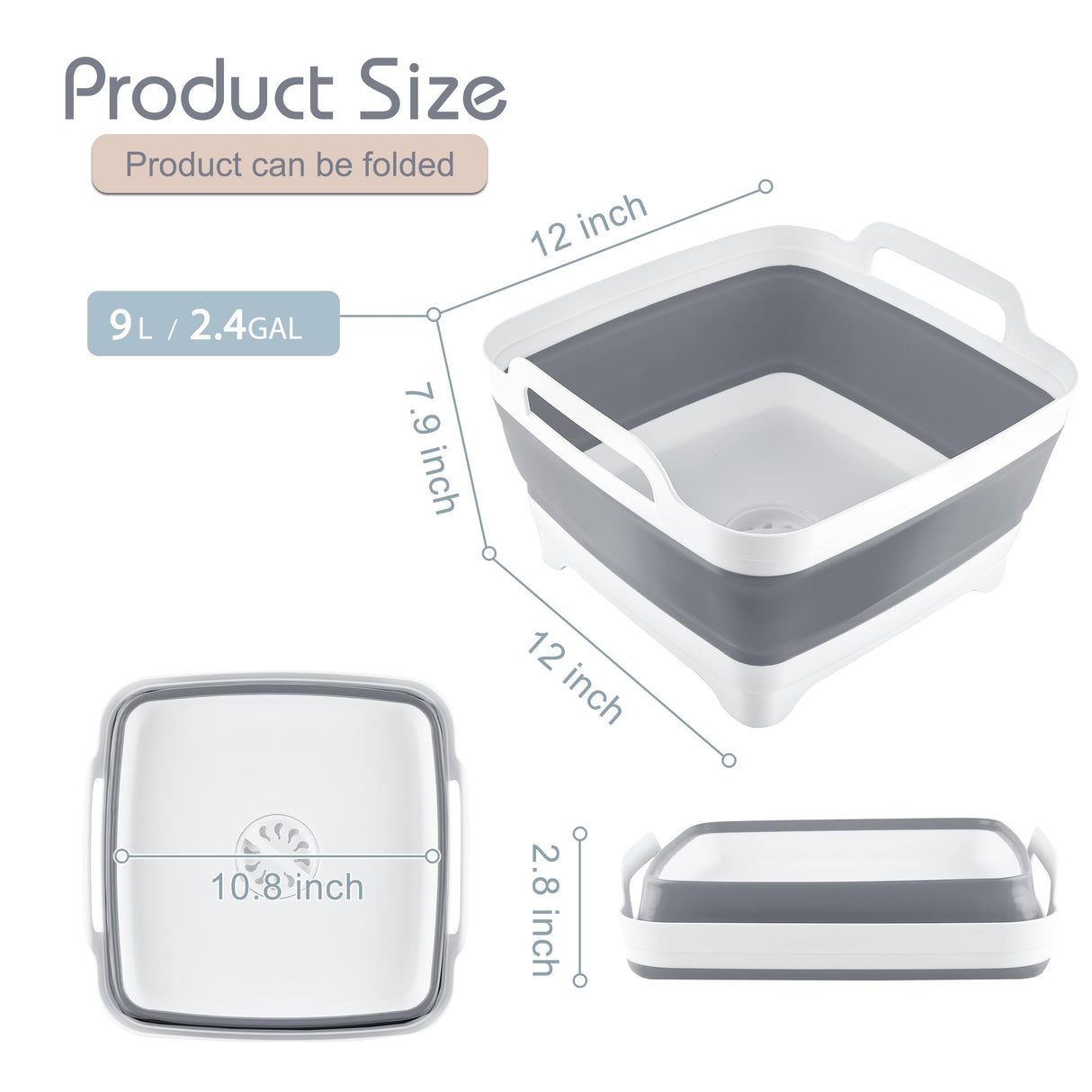 2.4 Gal(9L) Collapsible Dish Basin with Drain Plug, Space Saving Outdoor Multiuse Foldable Sink Tub, Dishpan, Kitchen Storage Tray for Camping, Vegetable Washing, RV (Gray) Goderewild