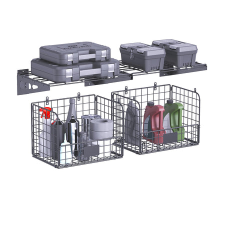 Heevir Garage Wall Shelving with Wire Basket, Heavy Duty Shelf Wall Mount Garage Organizer, Wire Basket with Garage Storage Rack Floating Shelves for Home Garden Workshop Organization and Storage Heevir