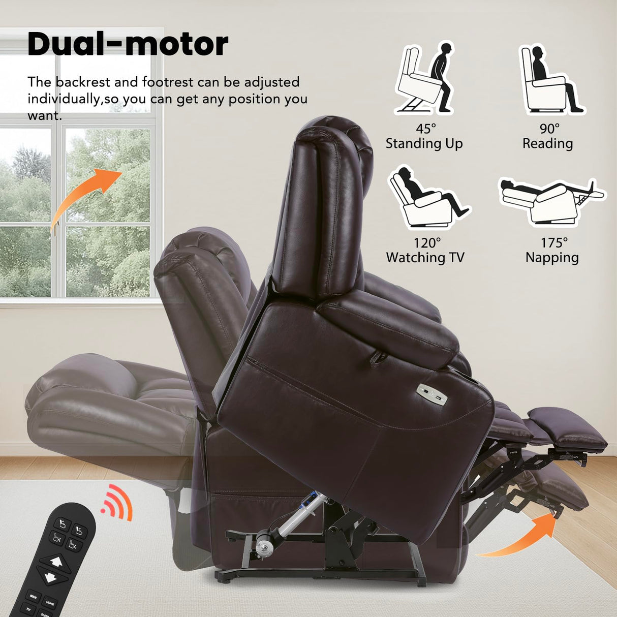 EONIX Dual Motor Oversized Power Lift Recliner Chair for Elderly, 400lbs Heavy Duty Leather Recliner with Massage and Heat, Big and Tall Lay Flat Lift Chair with Cup Holders, SLRY006063, Dark Brown EONIX