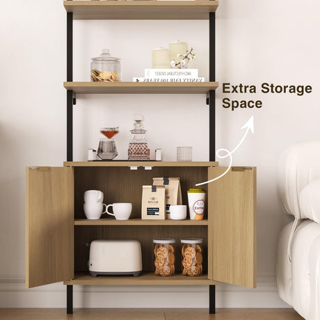 Ladder Bookshelf with Cabinet, 71" Tall Wall Bookshlef with Shelves & Storage, Fluted Ladder Shelf with Metal Frame, 6-Tier bookcase Shelf for Living Room, Home & Office, Bedroom, Natural & Black FiveWillowise