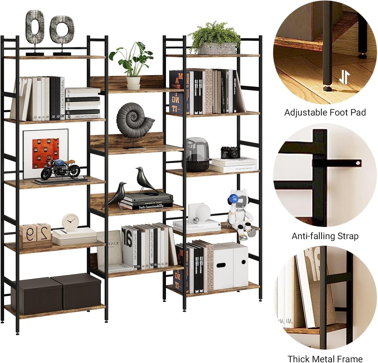Triple Wide 5 Tier Bookcases and Bookshelves,Adjustable Industrial Style BookShelf With 14 Open Display Shelves,Metal Frame Wide Book Shelf Book Case for Bedroom Living Room Home Office Study Room Amenitlif