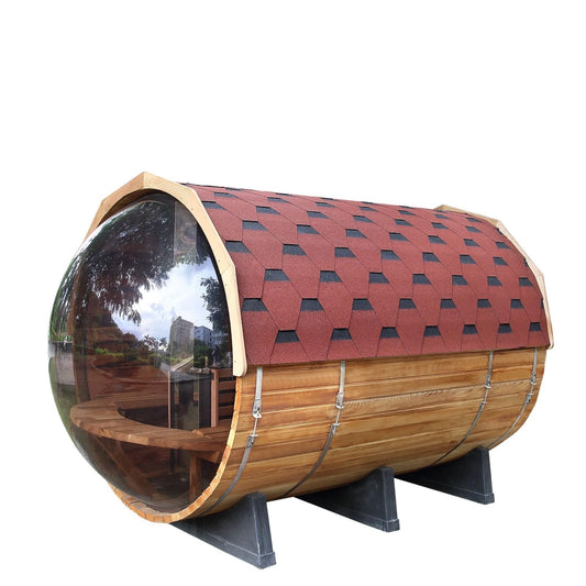 Outdoor Barrel Sauna for 4 Person, Hand Crafted from Premium Canadian Red Cedar, with Computer Control Panel, Stereo Speaker, and Panoramic Window - Curbside Delivery