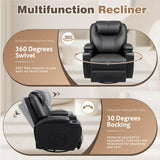 Recliner Chair, 360° Swivel Rocker Chair for Adults, Rocking Recliner Chair with Massage, Comfy Single Sofa with Side Pockets Cup Holders for Living Room, Bedroom, Nursery (Leather, Black) Furmax