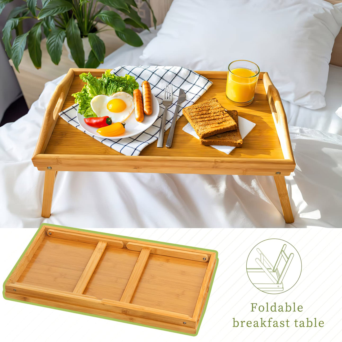 2 Pack Bed Tray Table Breakfast Trays Serving Bamboo Laptap with Floding Legs Handles and Phone Holders