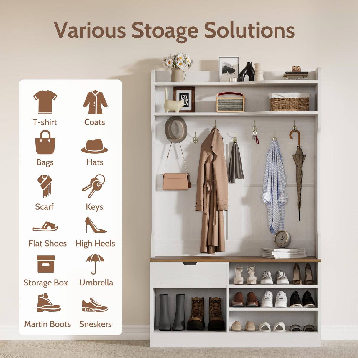 Vividwood Hall Tree with Bench, Simple Style 5 in 1 Hall Tree, Entryway Storage bench3-Layer Shoe Cabinet & 7 Coat Hooks, Separate Drawers, 42.9x15.94x70.86 in (Country White) Vividwood