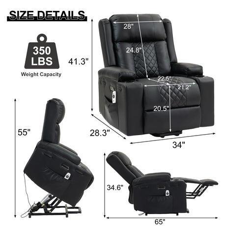 ACFOUL Power Lift Recliner Chair for Elderly with Vibration Massage and Lumbar Heating, Electric Oversized Leather Single Sofa with Cup Holders and USB & Type C Ports for Living Room, Black ACFOUL