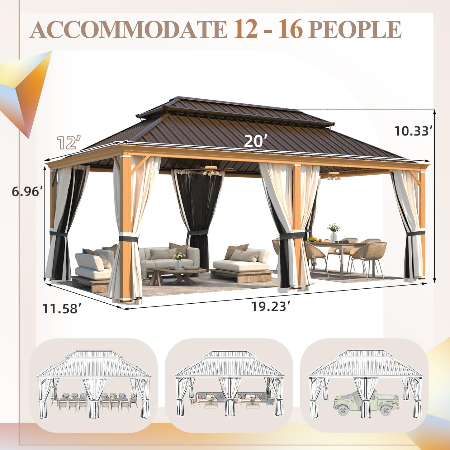 YOLENY 12' x 20' Hardtop Gazebo Faux Wood Grain Metal Gazebo with Aluminum Frame, Galvanized Steel Double Roof, Outdoor Patio Gazebo Pergolas with