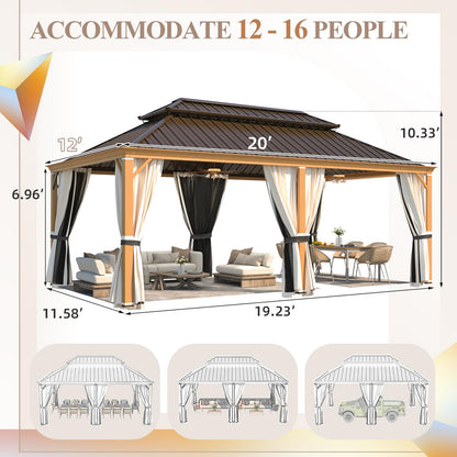 YOLENY 12' x 20' Hardtop Gazebo Faux Wood Grain Metal Gazebo with Aluminum Frame, Galvanized Steel Double Roof, Outdoor Patio Gazebo Pergolas with