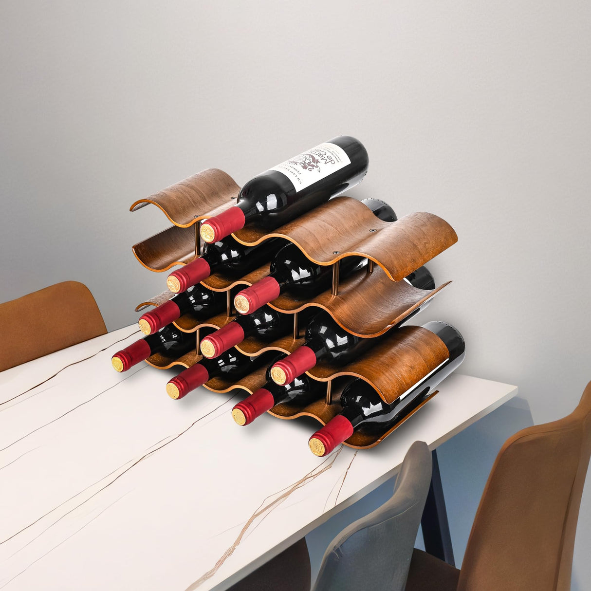 TRUDING Countertop Wine Rack - 14 Bottle Freestanding Wine Bottle Holder Stand - 4 Tier Wooden Wine Storage Rack - Wavy Wine Organizer for Cabinet Pantry Home Kitchen Bar (Walnut) TRUDING
