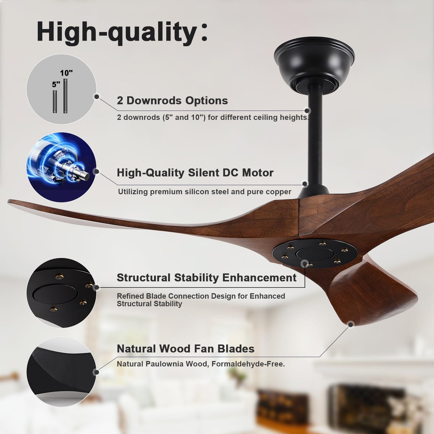 FISHMIX Ceiling Fans without Lights, Solid Wood Ceiling Fan No Light with Remote Control Indoor Outdoor Ceiling Fans for Patios, Living Room, Bedroom, Farmhouse and Gazebo (Dark Walnut, 42 IN - WoodArtSupply