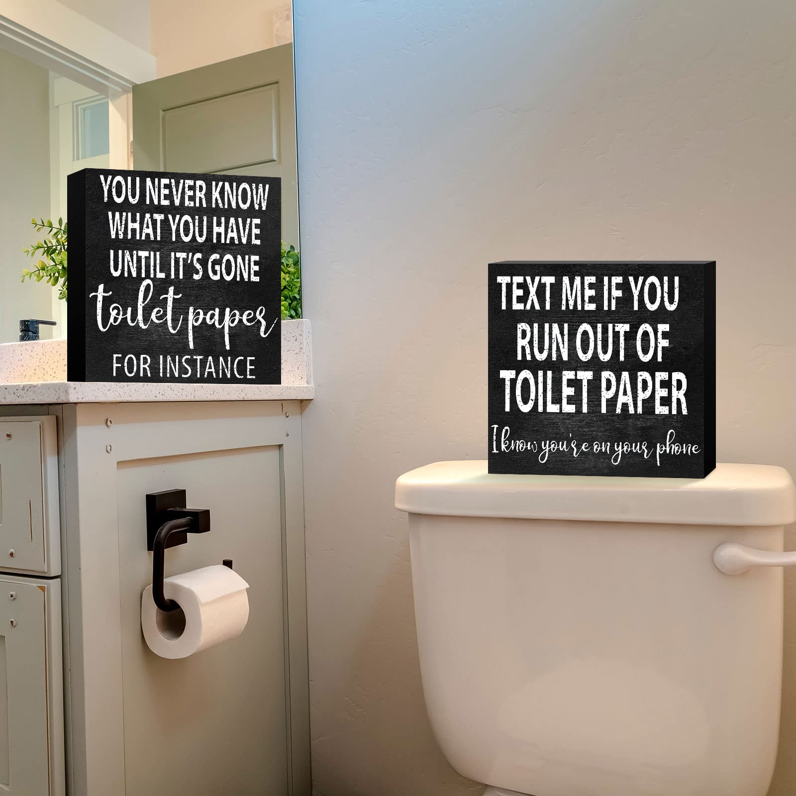 2 Pieces Funny Farmhouse Bathroom Signs Decor Classic Wooden Box Sign Rustic Toilet Paper Sign Guest Restroom Wooden Wall Art for Home Bathroom Toilet Decoration, 6 x 6 Inch (Vivid Style) - WoodArtSupply