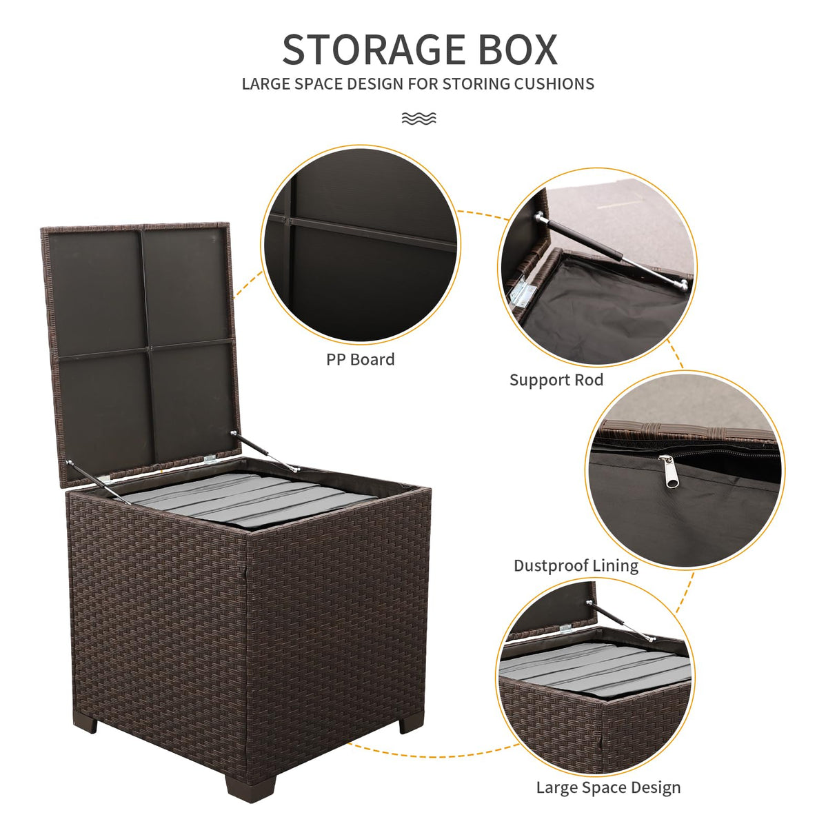 WAROOM 5 Pieces Patio Furniture Set PE Wicker Outdoor Brown Rattan Sectional Sofa Loveseat Couch Conversation Chair with Storage Bin Coffee Table and Propane Fire Pit, Anti-Slip Grey Cushion WAROOM