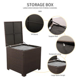 WAROOM 5 Pieces Patio Furniture Set PE Wicker Outdoor Brown Rattan Sectional Sofa Loveseat Couch Conversation Chair with Storage Bin Coffee Table and Propane Fire Pit, Anti-Slip Grey Cushion WAROOM