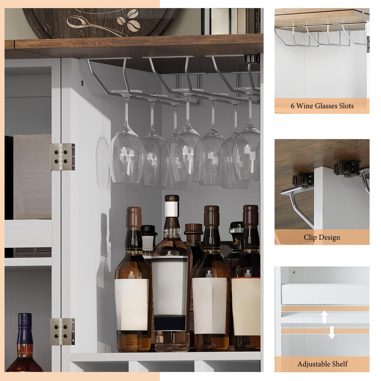 AMERLIFE 61" Farmhouse Bar Cabinet with 9 Wine Racks, Folding Storage Wine Liquor Cabinet, Expandable Coffee Bar Station with Drawer, Mini Bar, Home Bar for Kitchen Dining Room, Rustic White AMERLIFE