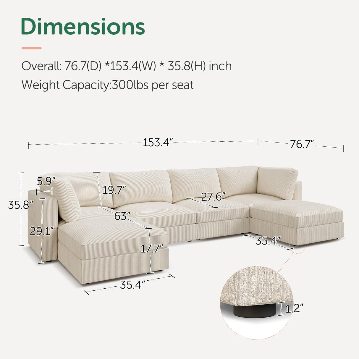 HONBAY Modular Sectional Couch with Storage Corduroy Sectional Sofa with Chaise U Shaped Sectional Couches for Living Room,Beige HONBAY