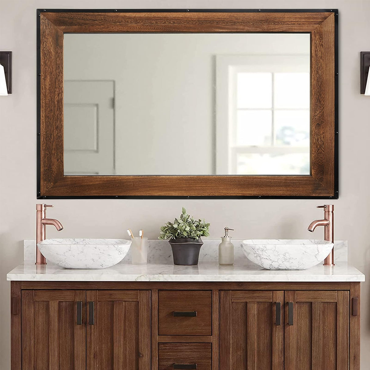 YOSHOOT Farmhouse Wooden Frame Bathroom Mirror, 32"x24", Rustic Natural Wood and Iron Wall Vanity Mirror for Decor, Vertical or Horizontal Hanging, FSC Certified YOSHOOT