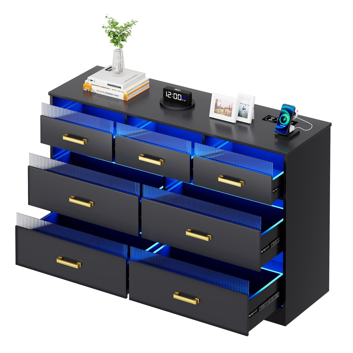 FREDEES 7 Drawers Dresser for Bedroom with LED Light, Large Chest of Drawers, Modern Black Dresser with Charging Station, Wood Bedroom Dressers for Closet/Living Room/Hallway FREDEES