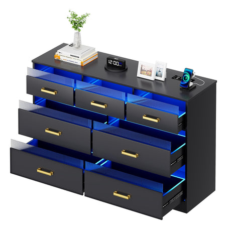 FREDEES 7 Drawers Dresser for Bedroom with LED Light, Large Chest of Drawers, Modern Black Dresser with Charging Station, Wood Bedroom Dressers for Closet/Living Room/Hallway FREDEES