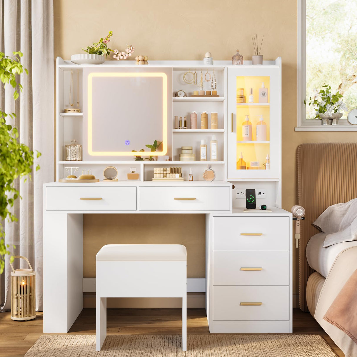 DICTAC Makeup Vanity Desk with Sliding LED Lighted Mirror, 47.2"W Large Vanity Desk with Drawers, Shelves and Side Storage, RGB Glass Cabinet, White Vanity Table Set with Charging Station for Bedroom DICTAC