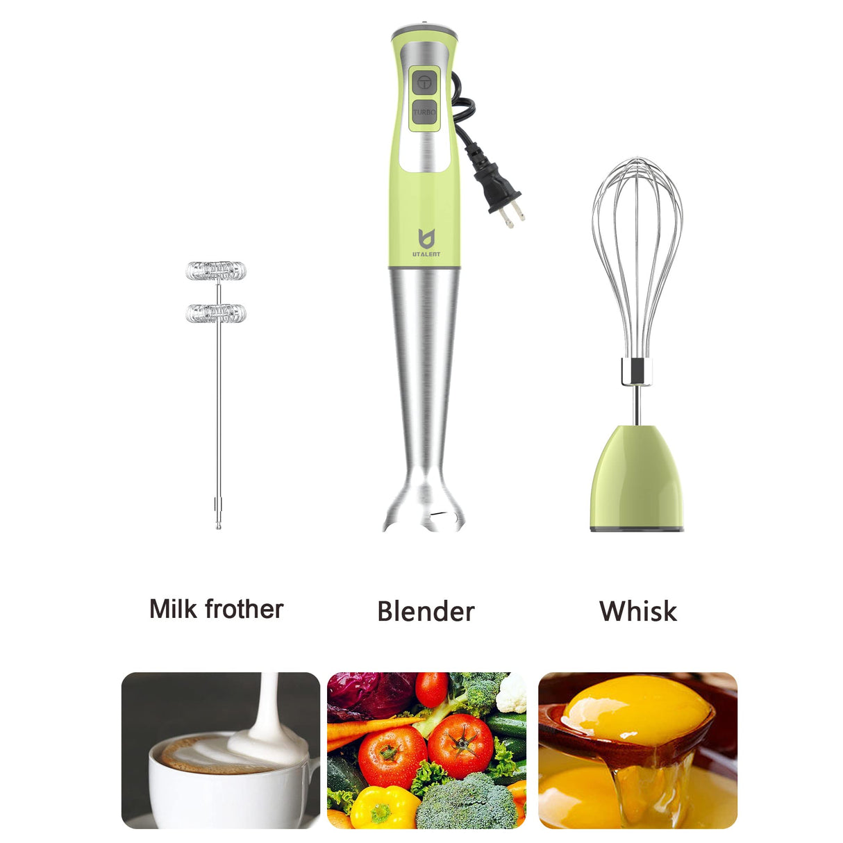 Immersion Hand Blender, UTALENT 3-in-1 8-Speed Stick Blender with Milk Frother, Egg Whisk for Coffee Milk Foam, Puree Baby Food, Smoothies, Sauces and Soups - Green UTALENT