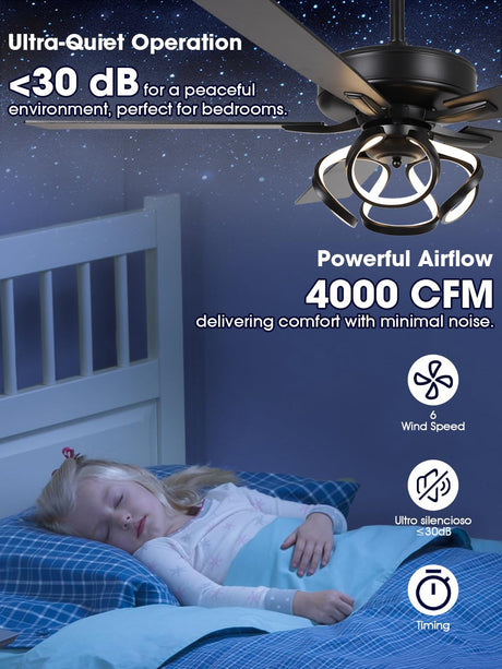 ACEROCK 52 Inch Ceiling Fan with Light, Galaxy-Inspired Design, Reversible Blades, 2100 Lumens LED, Premium 304 Stainless Steel Body, Ultra-Quiet DC Motor, High Airflow (Black) ACEROCK