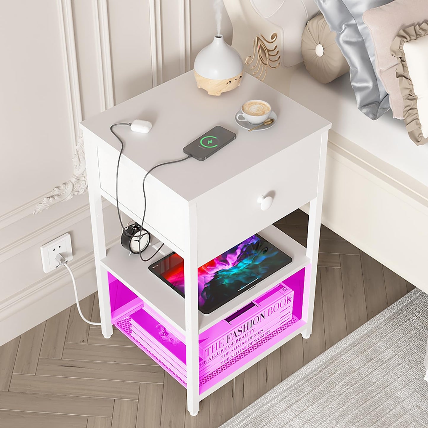 LTTDOUK LED Nightstands Set of 2 with Charging Station, Bedside Tables with USB Ports and Outlets, End Table with Fabric-Wood 2-in-1 Drawer, White Side Table for Bedroom, Living Room - WoodArtSupply