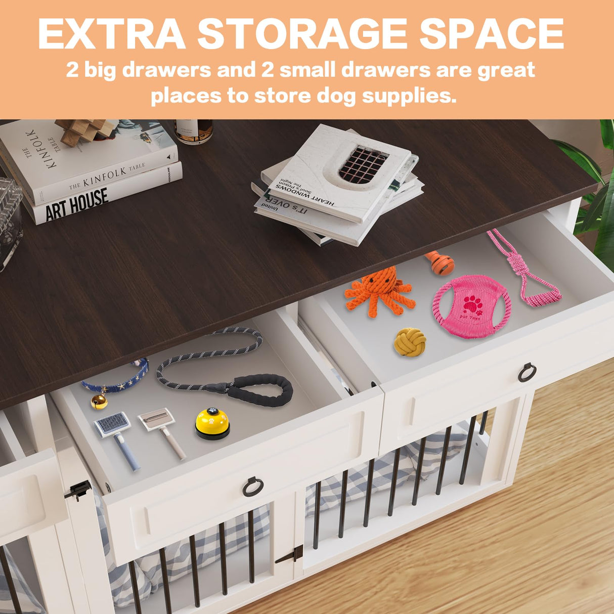 86.6" Double Dog Crate Furniture with 4 Drawers,Indoor Wooden Dog Kennel Furniture for 2 Large Breed Dogs with Divider,Heavy Duty Dog Crate Furniture TV Stand for Large Medium Dogs,White Niopatio