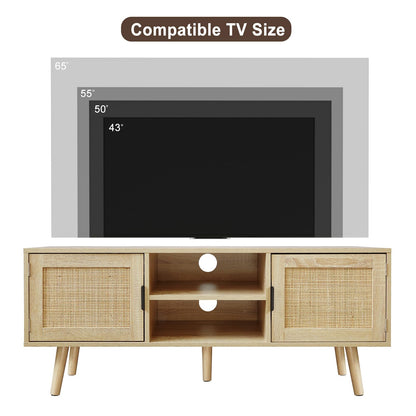 Anmytek Farmhouse Rattan TV Stand Modern Wood Media Entertainment Center Console Table for TVs up to 55 Inches with 2 Doors and 2 Open Shelves, Natural Oak, H0015 - WoodArtSupply