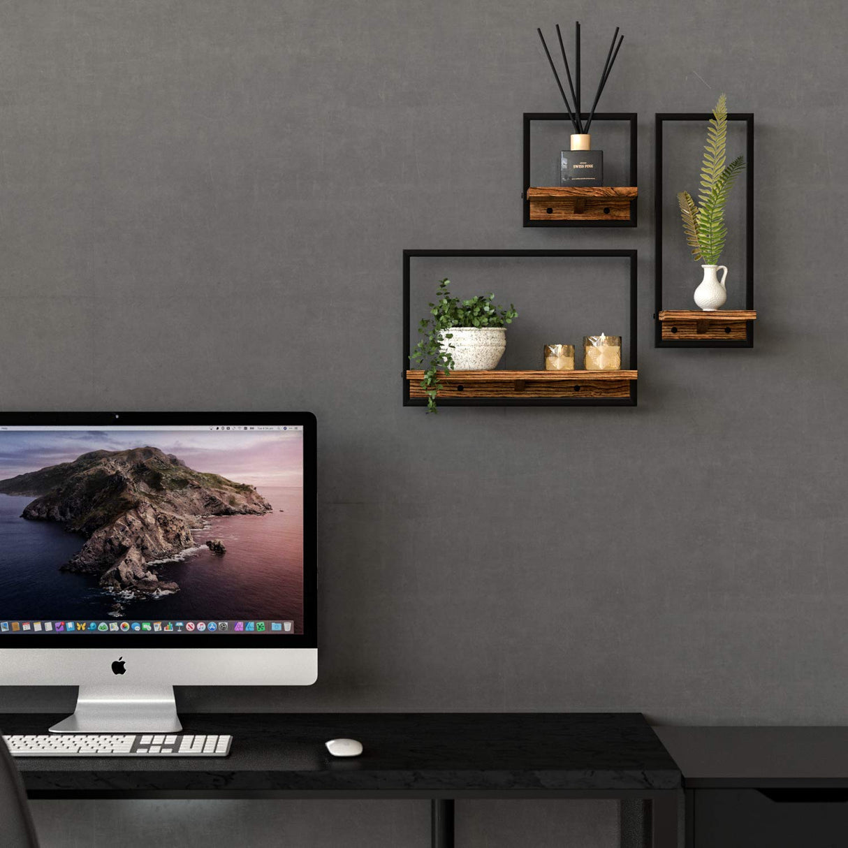 DELFOY Metal Frame Rustic Wooden Floating Hanging Shelves, Home Decor Wall Mounted Display Organizing Shelf for Living Room, Bedroom, Office Bathroom. Set of 3 DELFOY