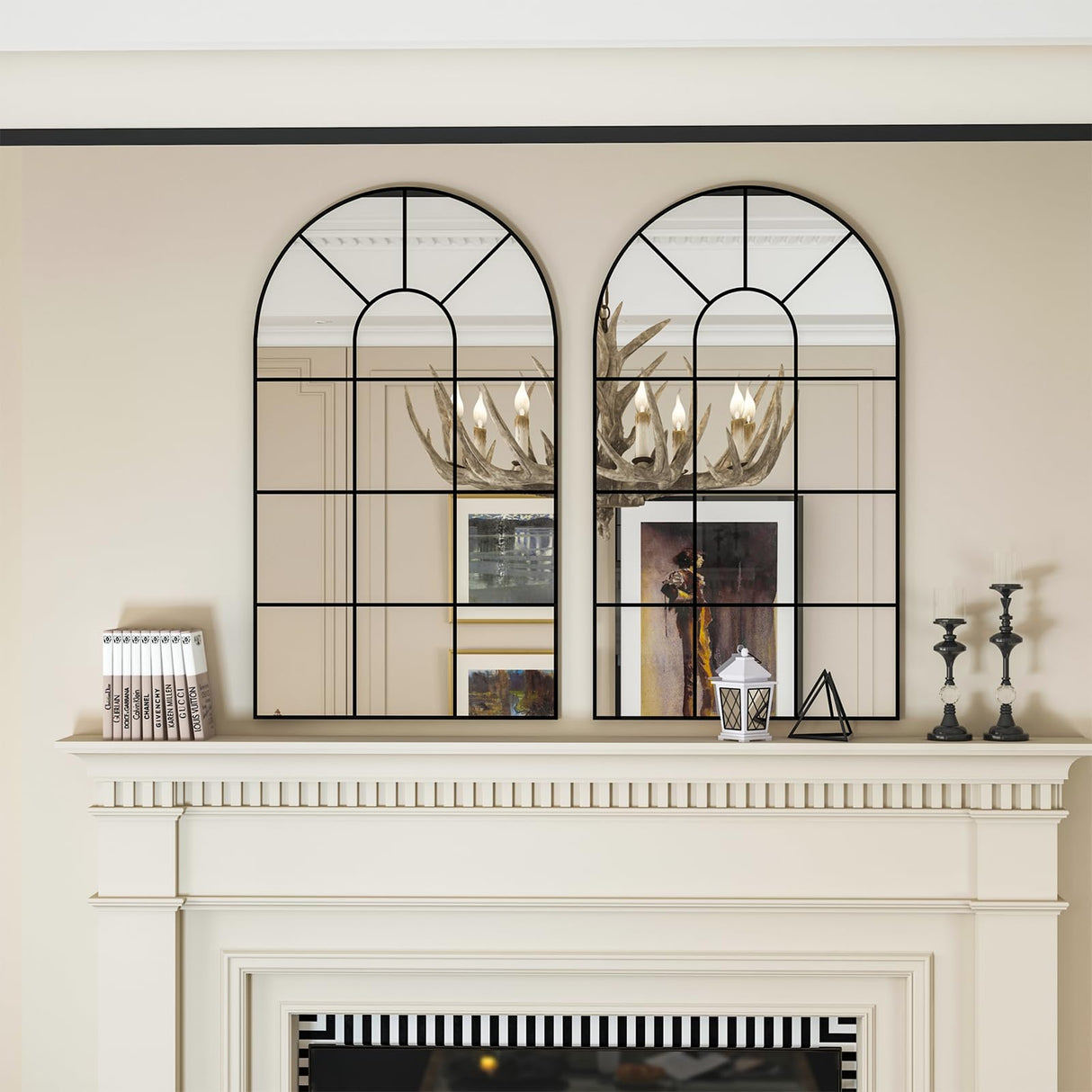 NEUWEABY Arched Wall Mirror, 42"x24" Arched Window Mirror Decorative Wall Mounted, Black Frame Window Pane Mirror Rustic Arch Mirror for Living Room Bedroom Entryway NEUWEABY