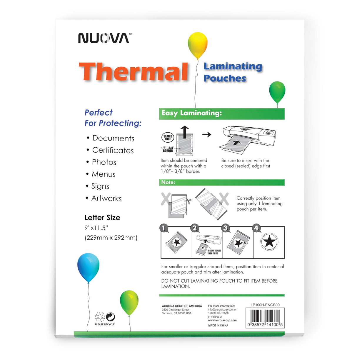Nuova Premium Thermal Laminating Pouches 9" x 11.5", Letter Size, 3 mil, 100 Pack (LP100H) Aurora