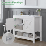 4ever2buy Farmhouse Bathroom Vanity with Sink, 35 Inch Bathroom Vanity Cabinet, Freestanding Vanity, 2 Doors and Open Shelf, Bathroom Cabinet with Ceramic Sink, White 4ever2buy