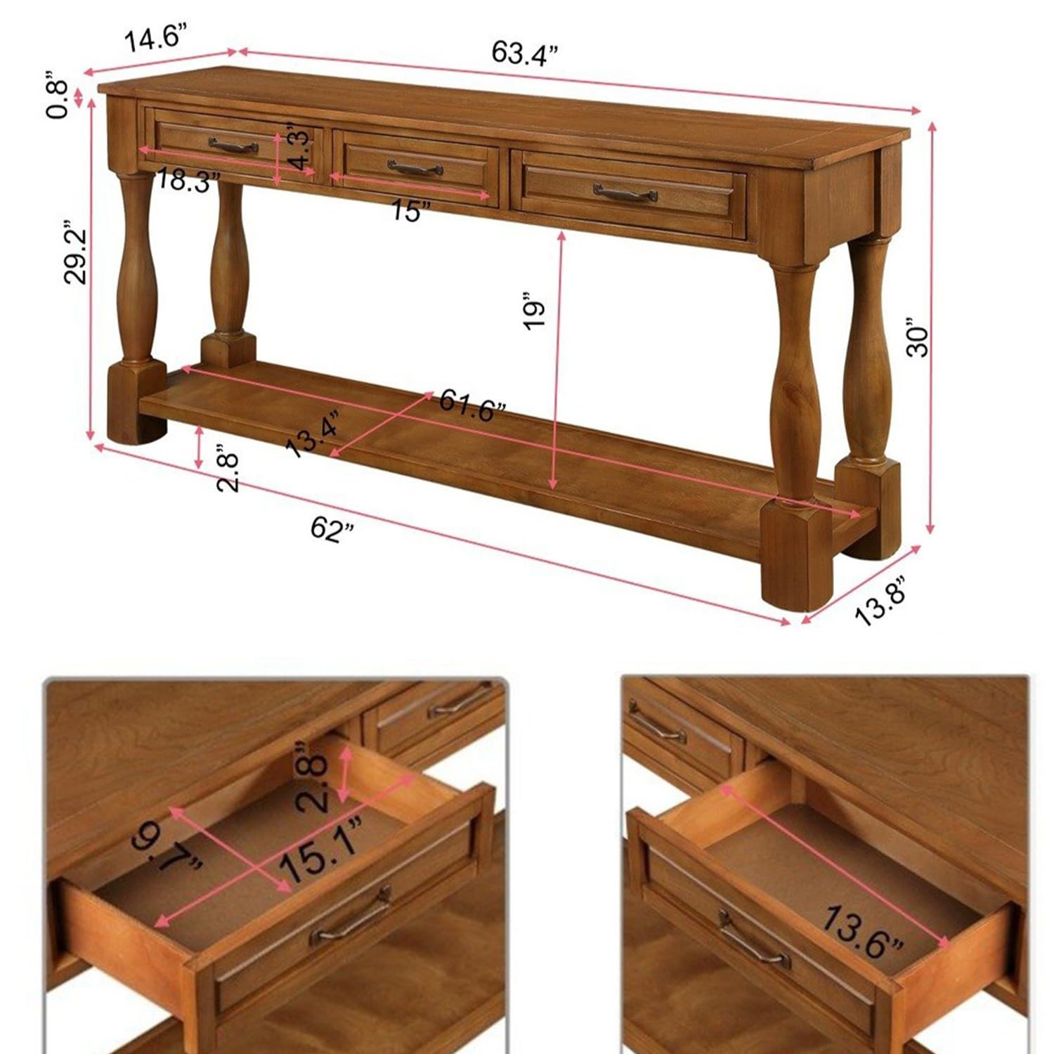 LKTART Solid Wood Console Table Sofa Table Entryway Table with 3 Drawers and 1 Bottom Shelf for Storage Entry Hallway Foyer Sofa (63" Brown) - WoodArtSupply