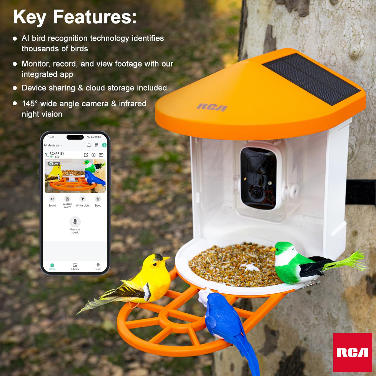 RCA Smart Bird Feeder with HD Camera – AI Bird Recognition Technology, Infrared Night Vision, Solar Powered, Two-Way Audio, Waterproof/Dustproof, WiFi-Enabled, Cloud Storage, App-Control RCA