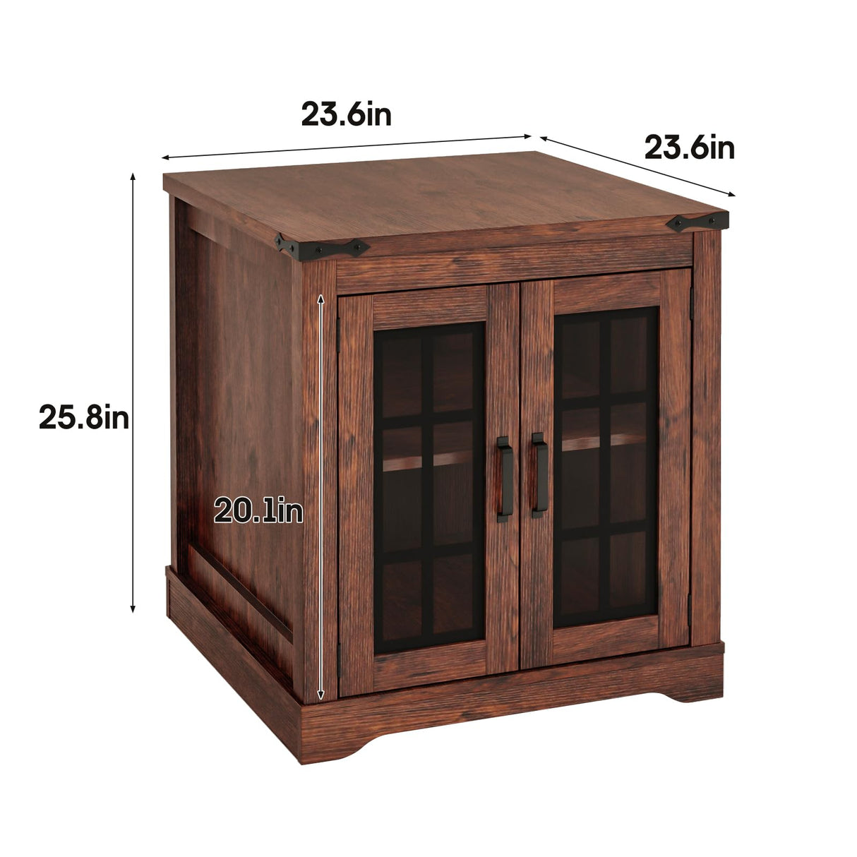 Fameill Farmhouse End Table with LED Lights,Sofa Side Table with Glass Barn Door,Wood Square Nightstand Bedside Table for Living Room,Bedroom,24" Large with Adjustable Storage Shelf,Brown Fameill