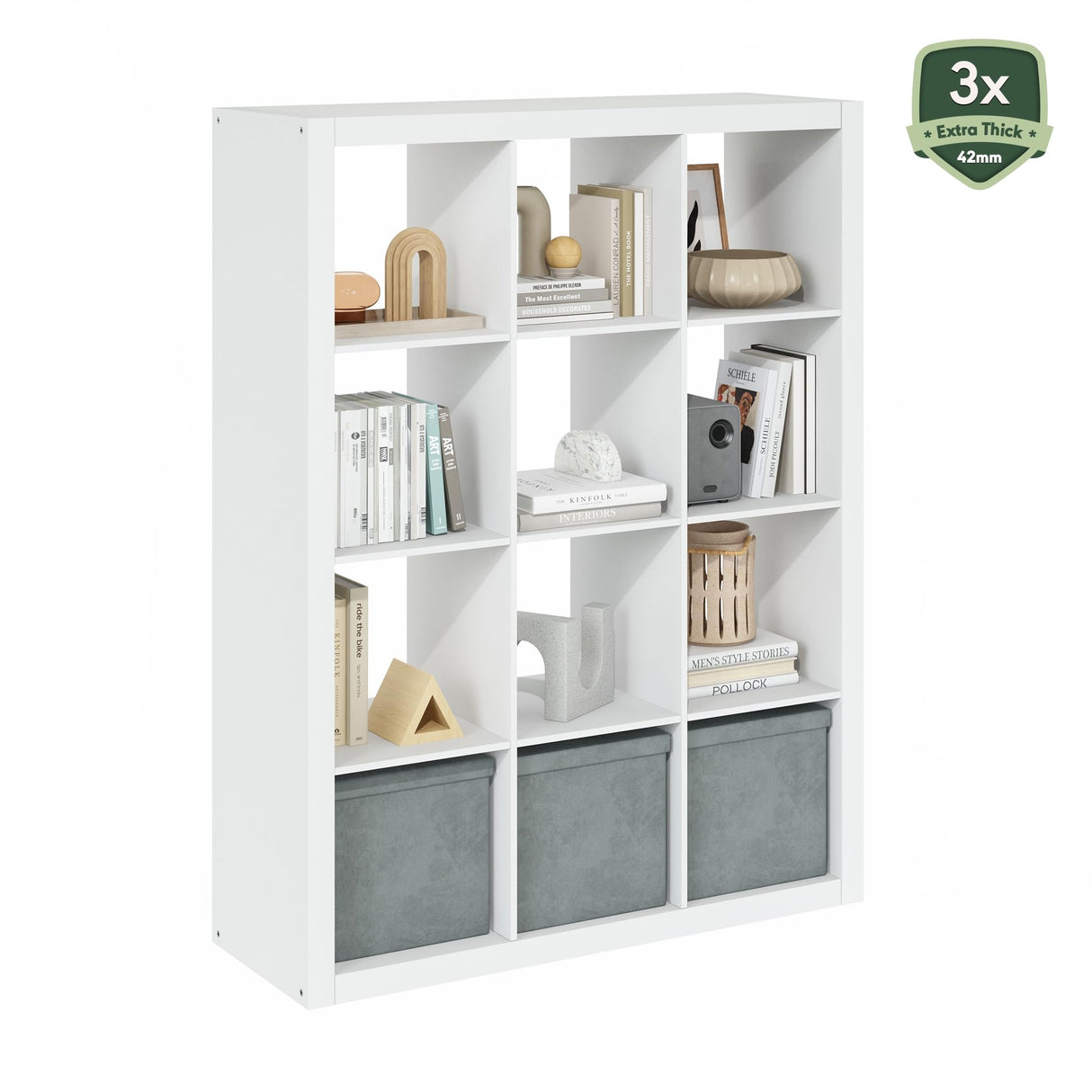 Furinno Cubicle Book Shelf, 12-Cube Bookshelf, Triple Thick Frame Cube Storage Organizer Bookcase, 15.3 x 57.4 x 43.3, for Living Room, Bedroom, Home Office, White Furinno