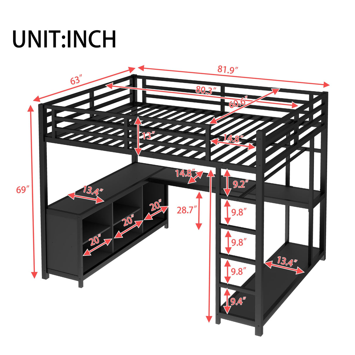 SOFTSEA Queen Size Loft Bed with Desk & Wardrobe, Heavy Duty Metal Loft Bed with Storage Shelves, Gaming Bed with L-Shaped Desk Underneath for Adults Teens Kids, Black SOFTSEA