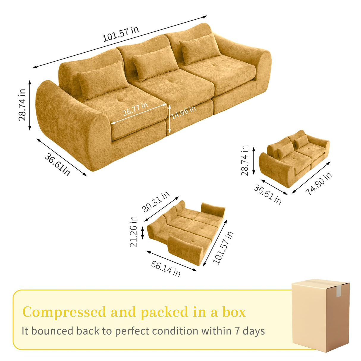 MAXMAXX 102" Cloud Sofa, 4-in-1 Folding Sofa Bed, Floor-Standing Boneless Couch, Futon Sofa Bed for Living Room, Bedroom and Entertainment Room(Yellow) MAXMXX